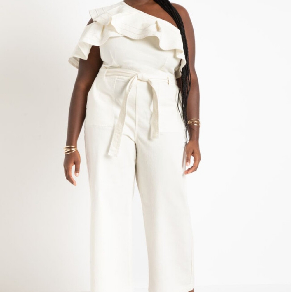 Eloquii Ruffle One Shoulder Denim Jumpsuit